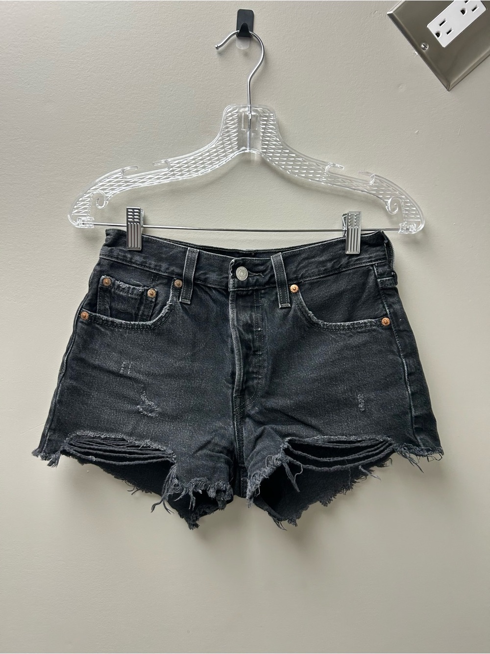 Levi’s Women’s 501 Black Distressed Denim High Rise Jean Shorts